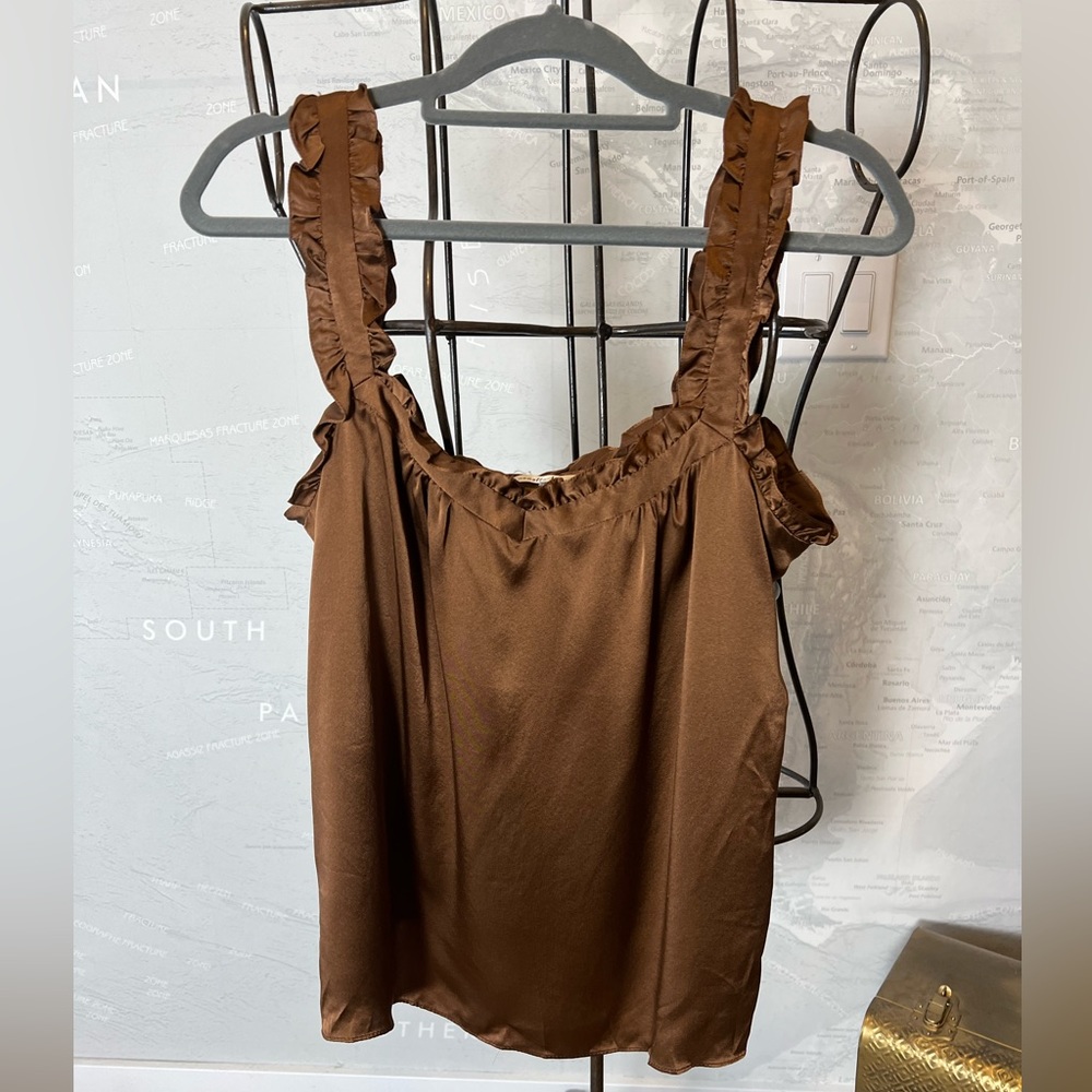 NEW Nanette Lepore Vintage silk satin square neck Ruffle tank brown 8